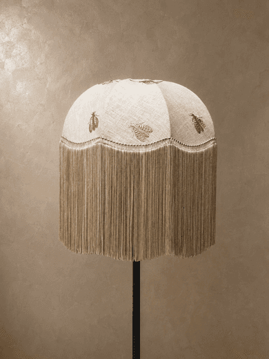 abat-jour couture Dome à festons bas à longues franges en lin naturel brodé d'abeilles