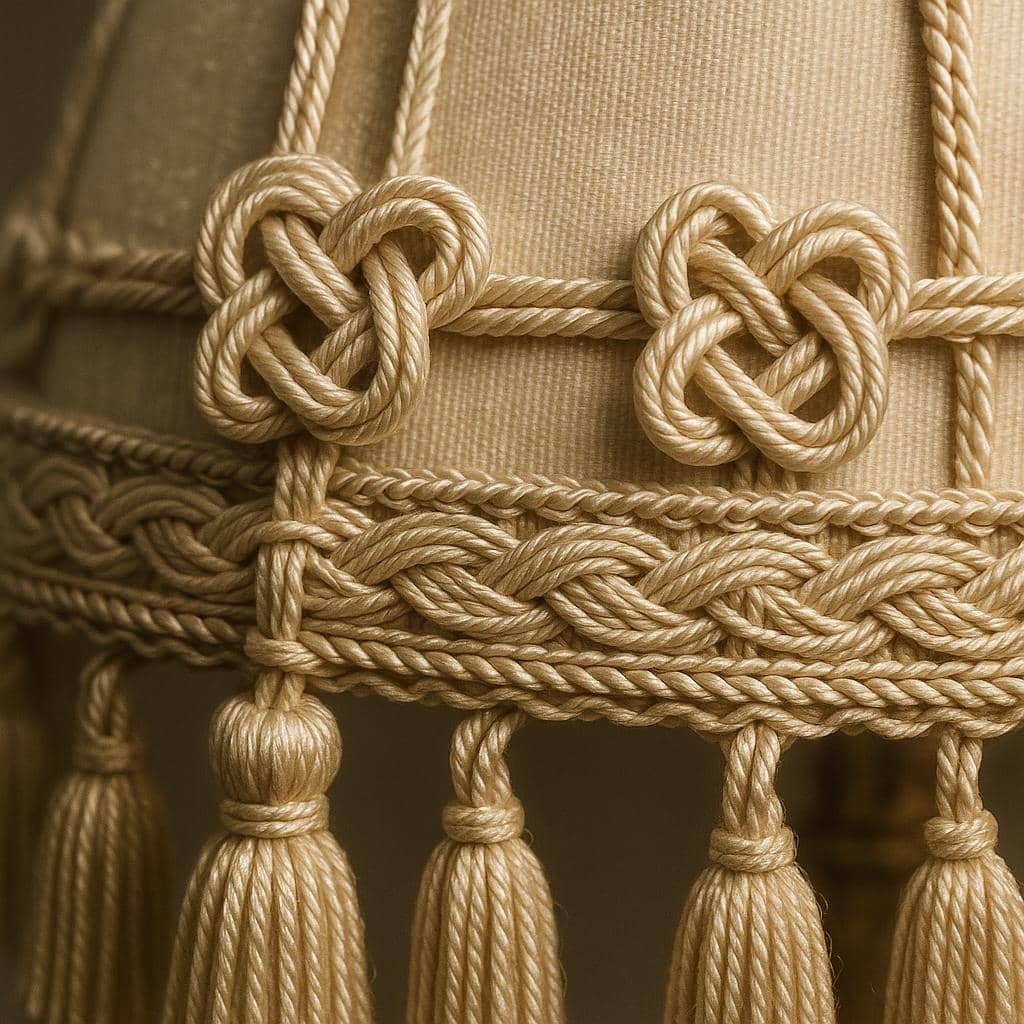 Détail d’un galon tressé et de pompons de passementerie sur un abat-jour