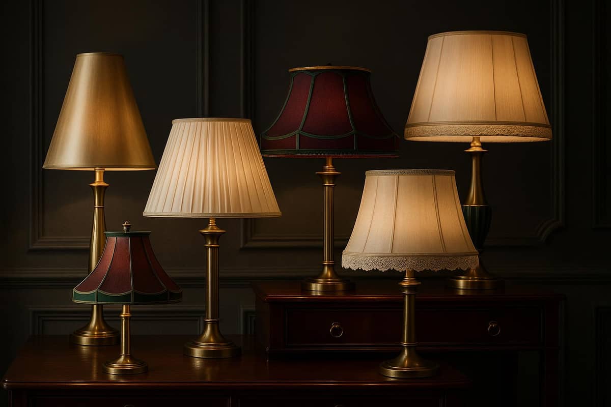 Collection de lampes aux abat-jours plissés allumées dans un intérieur sombre