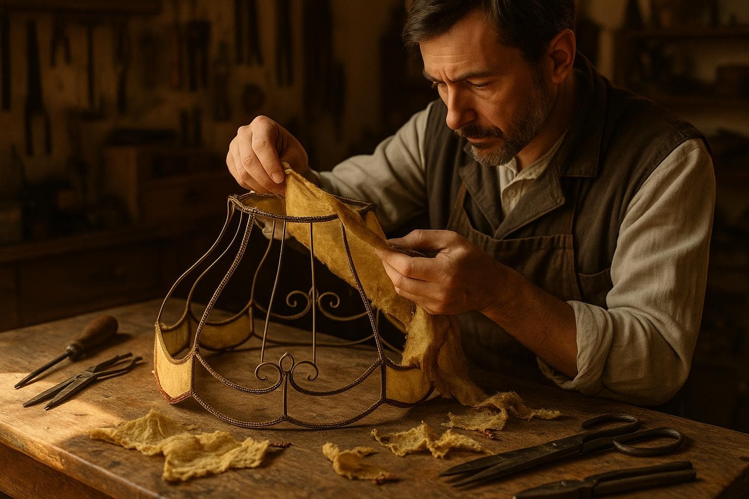 Artisan restaurant un abat-jour ancien dans un atelier de lumieres